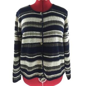 Reba Rose Striped Cardigan Sz L Cotton Like Acrylic Knit Boho Sweater Vtg USA